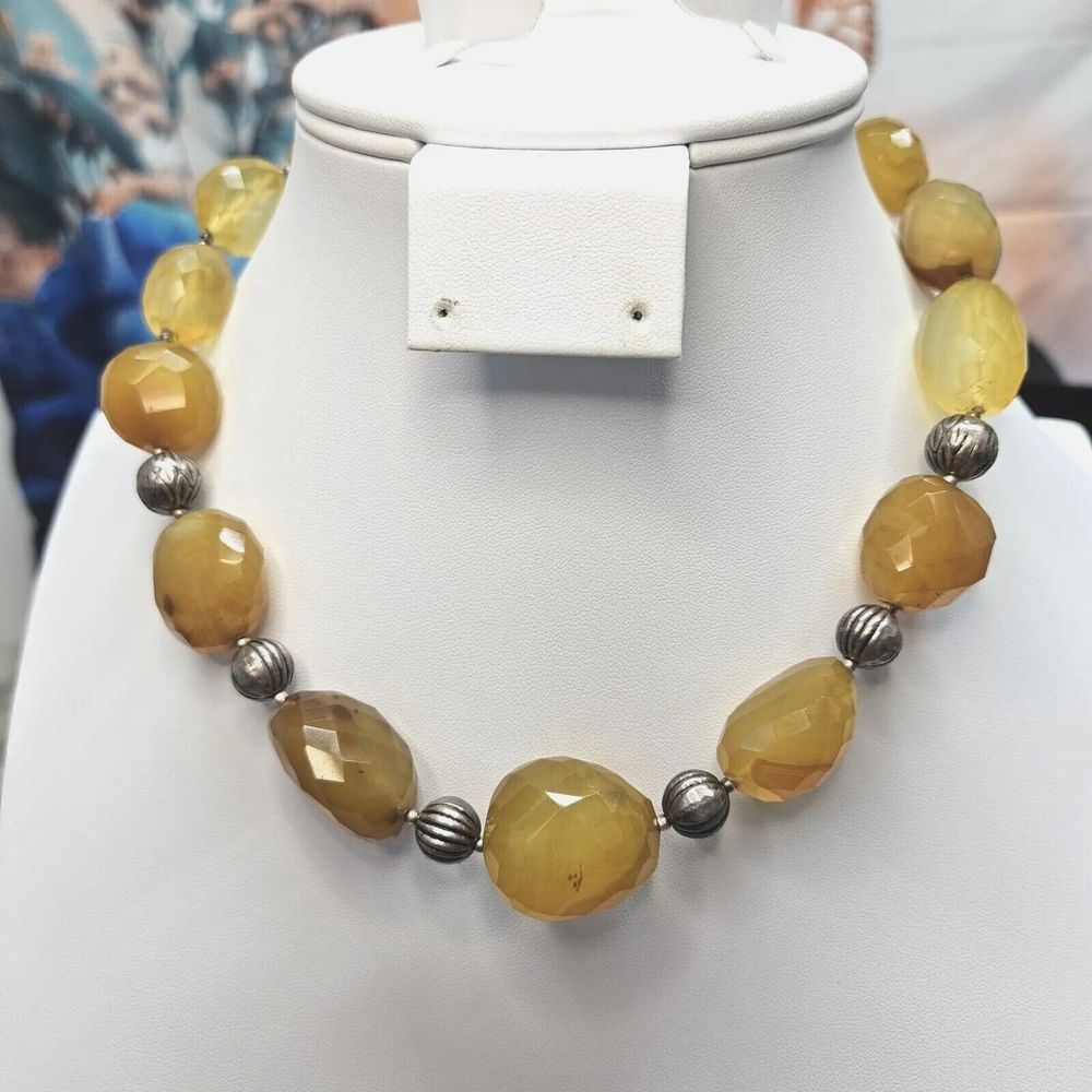 Vintage 18" Amber Orange Color Agate Faceted Chunky Beaded Necklace Toggle Clasp
